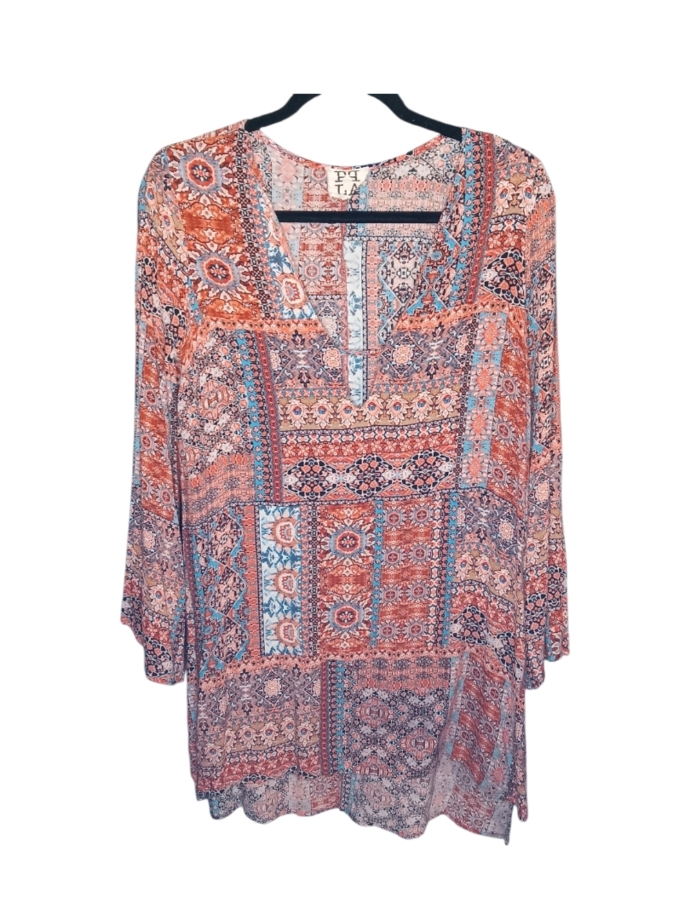 Boho Patchwork Tunic Top - Coral Multi